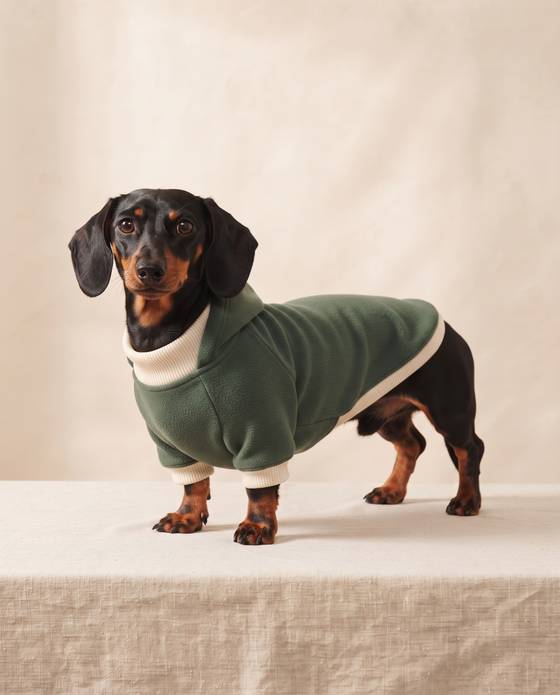 Black and tan miniature dachshund in a forest green True to Breed hoodie
