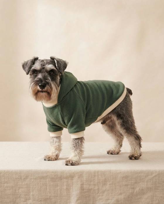 Miniature schnauzer in a forest green True to Breed hoodie