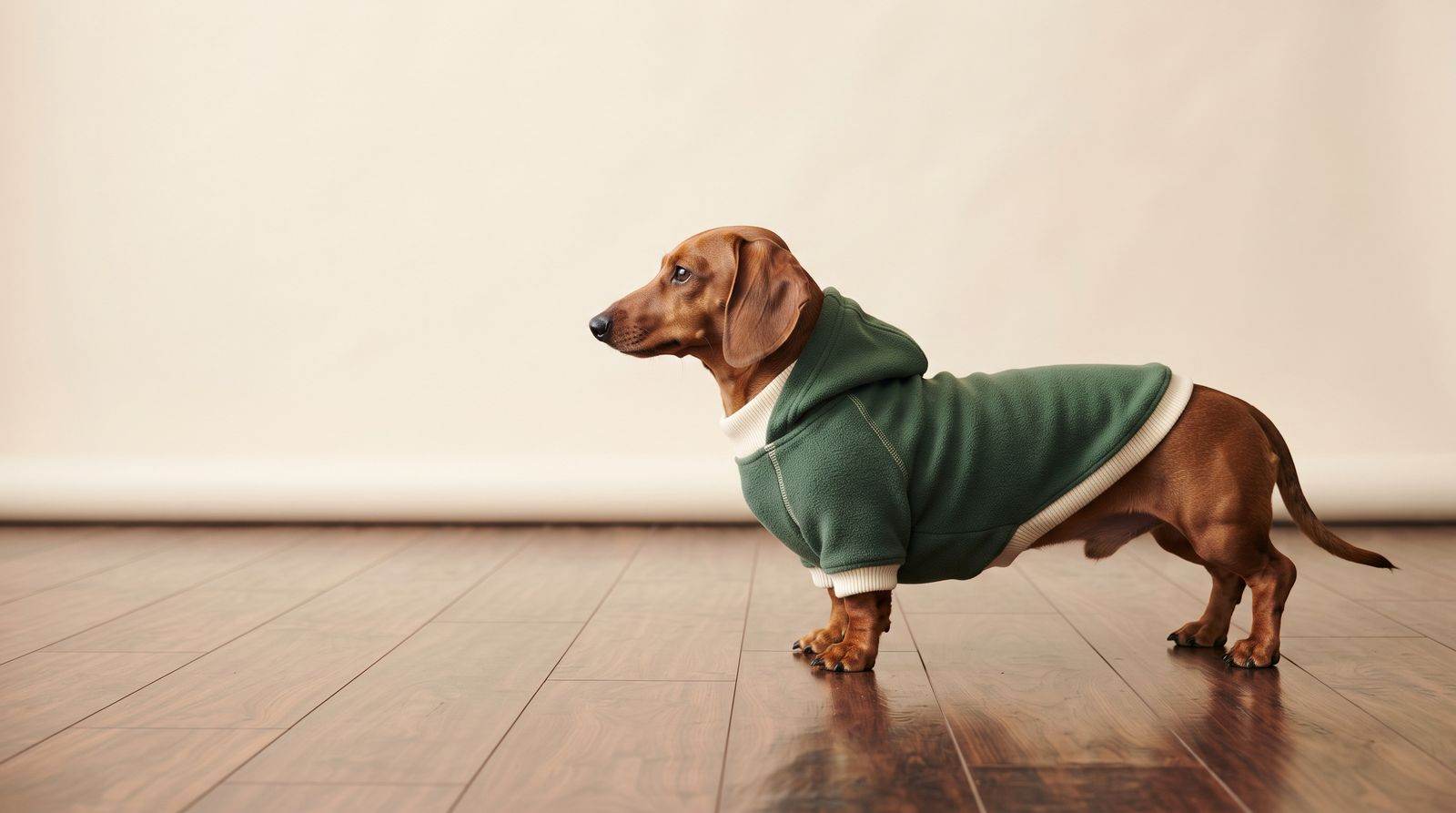 Red dachshund in a forest green True to Breed hoodie, standing in profile on a walnut floor