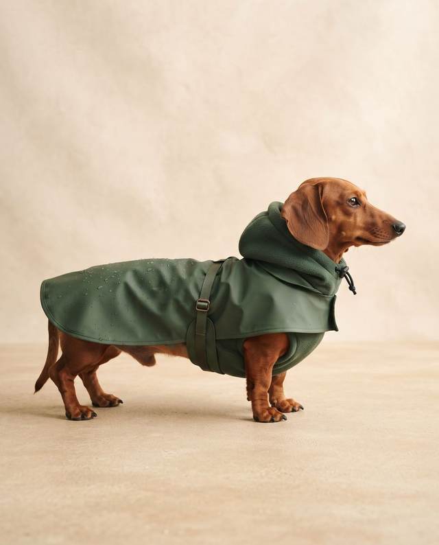 Dachshund in a forest green rain shell